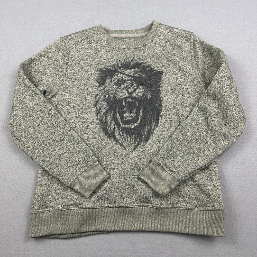 Lucky Brand Sweater Men Extra Large Gray Shearless Fleece Lion Eyepatch Pirate